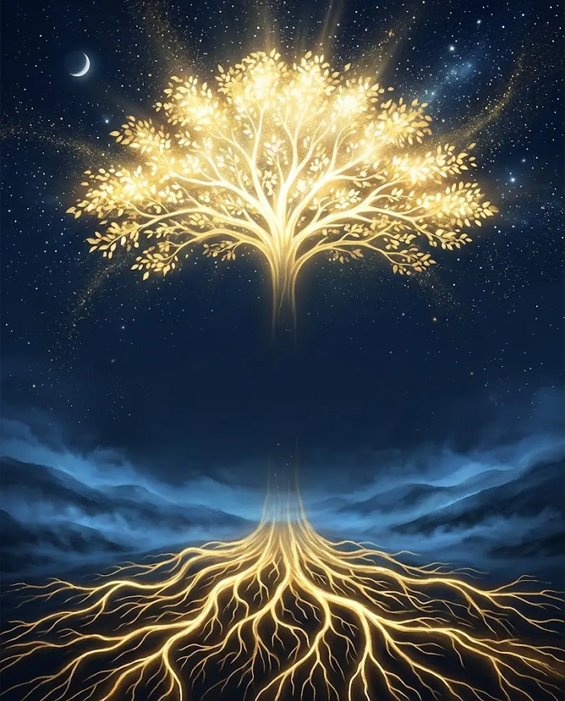 Pintura de un árbol de luz dorada con raíces luminosas