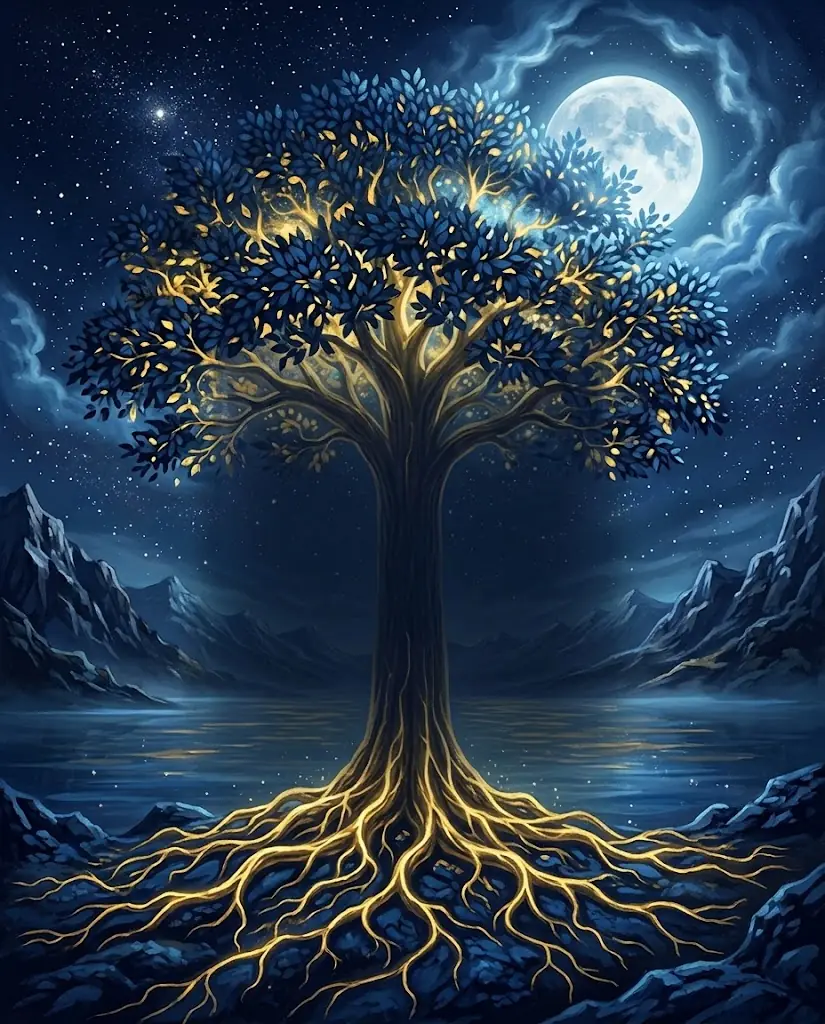 Pintura de un árbol de noche con raíces de luz dorada