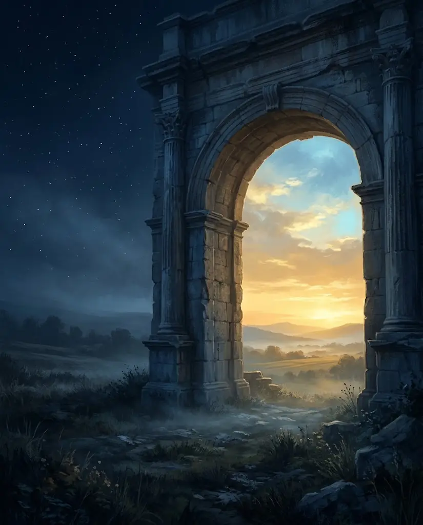 Pintura de un arco de piedra que se abre a un amanecer