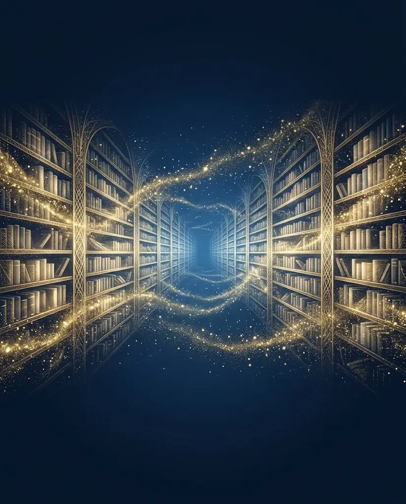 Pintura de una biblioteca infinita atravesada por un hilo de luz dorada