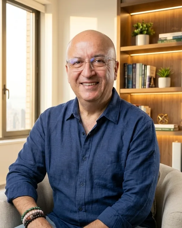 Helber Sánchez sonriendo, sentado junto a un ventanal