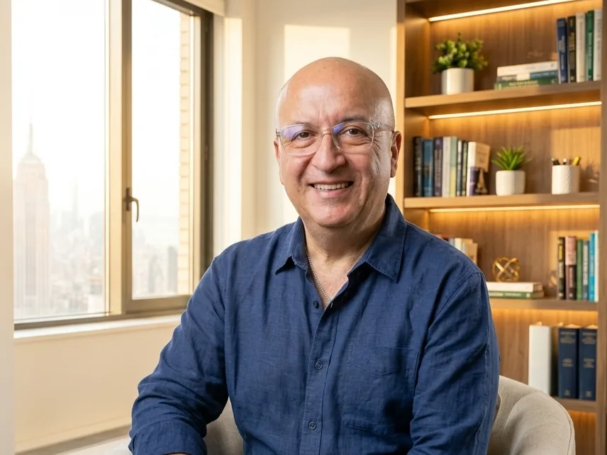 Helber Sánchez sonriendo, sentado frente a su biblioteca